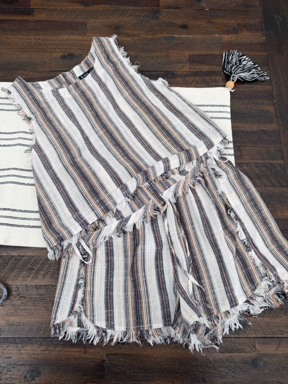 Very J Striped Frayed Two-Piece Shorts Set in Ivory, Black, Tan